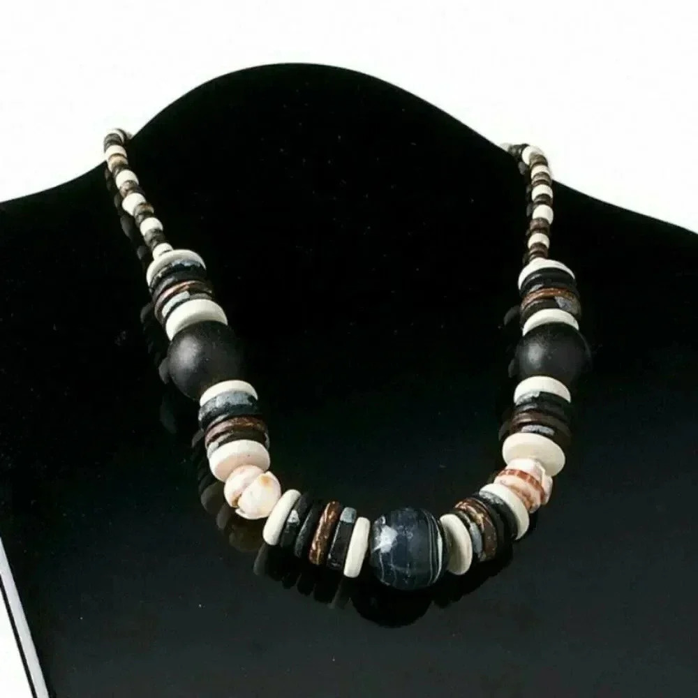 Edgy Hand Crafted Philippines Ethnic Wood and Shell Necklace